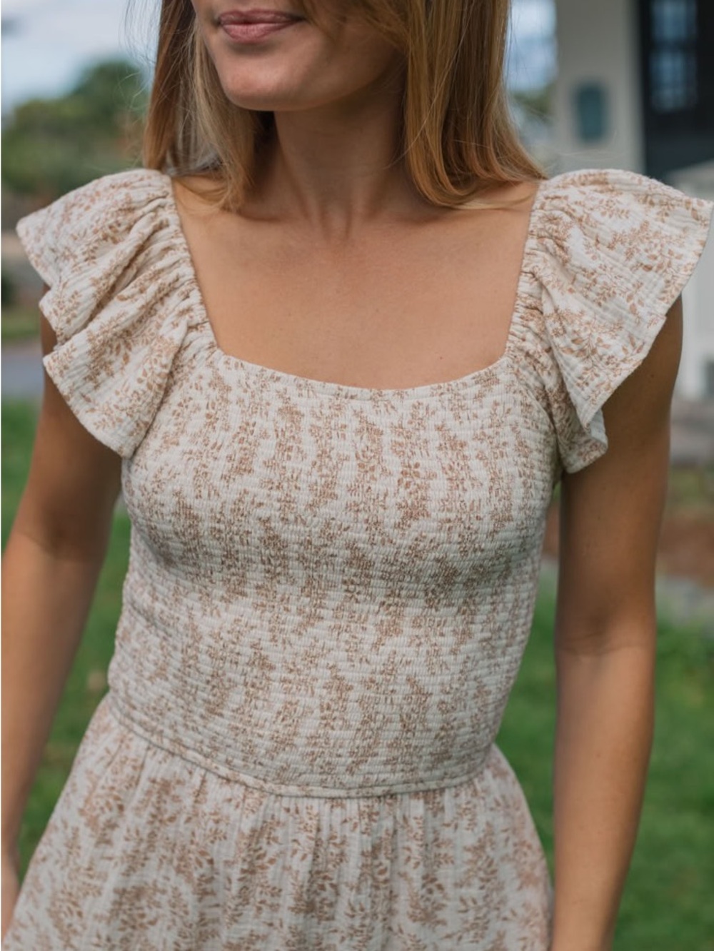 Smocked Square Neck Midi Dress in Cream & Tan